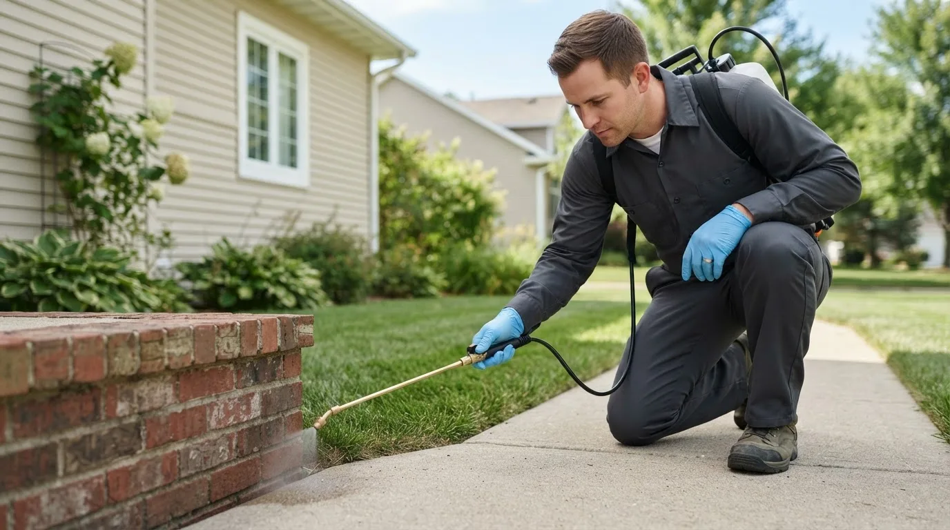 Pest control technician treating a home near Fisher, IL