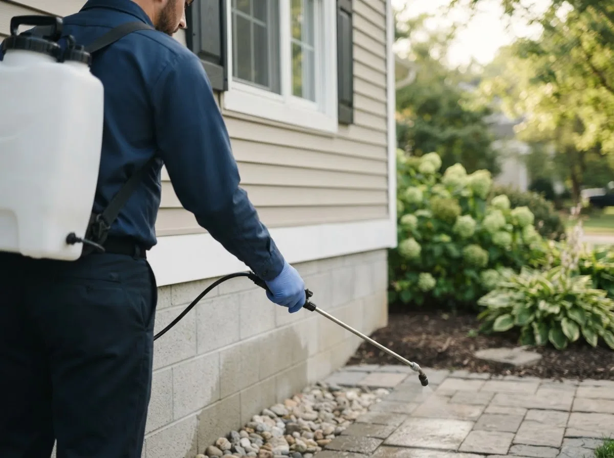 Pest control technician inspecting a home in Fisher, IL